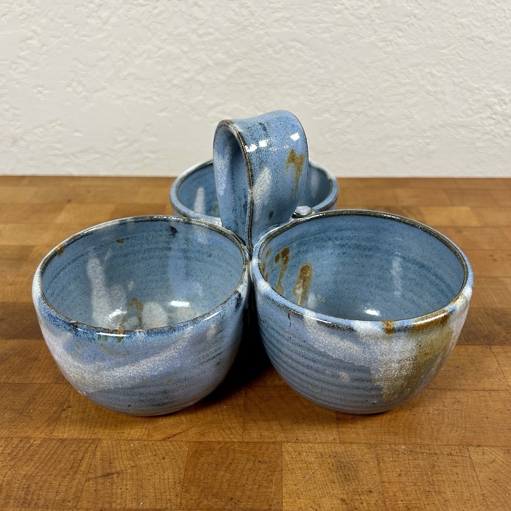 VTG Sherwood Studio Pottery Triple Bowl Server Blue Drip Glaze Dip Nut Caddy